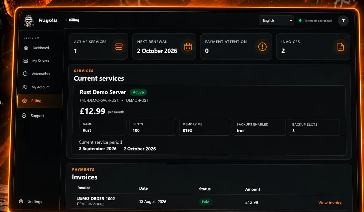 Frags4u customer billing and services dashboard