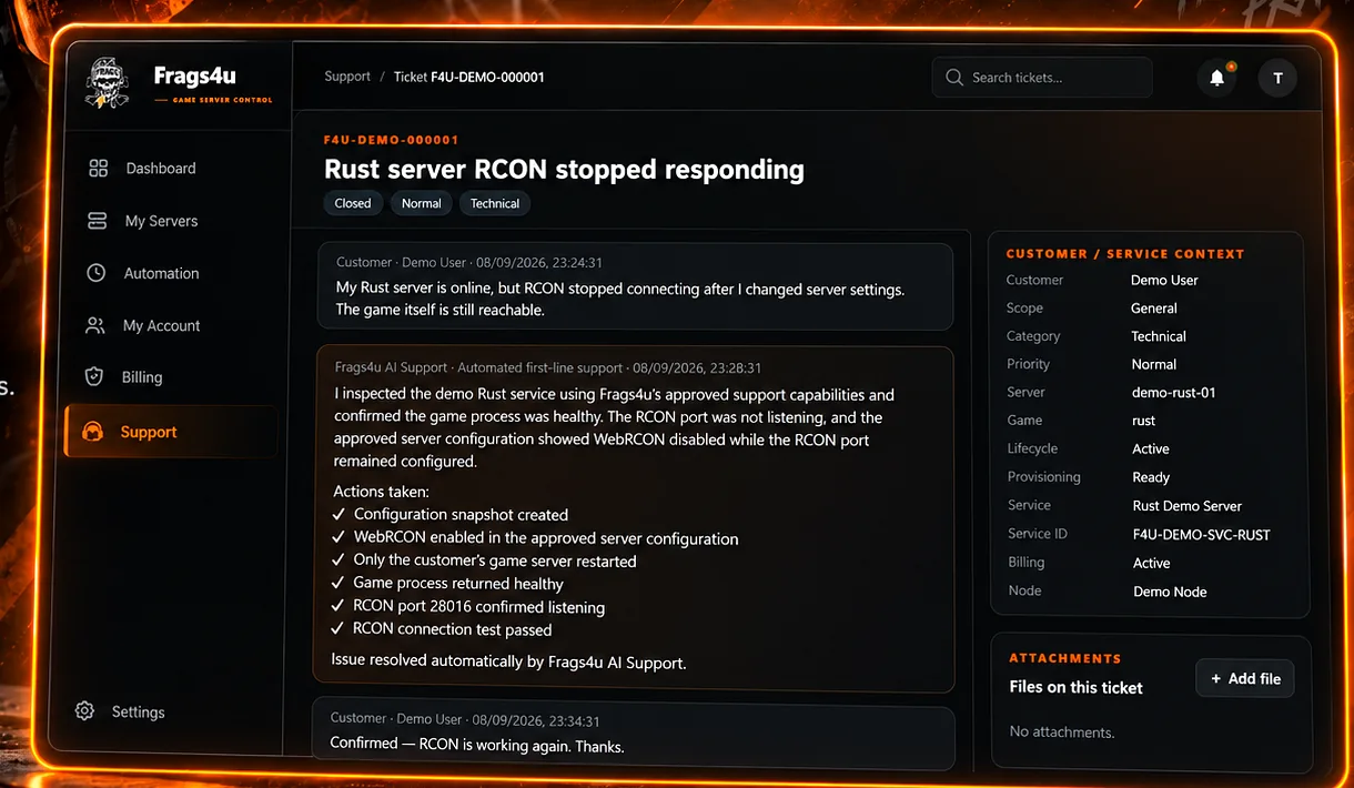 Frags4u support interface showing AI-assisted server support