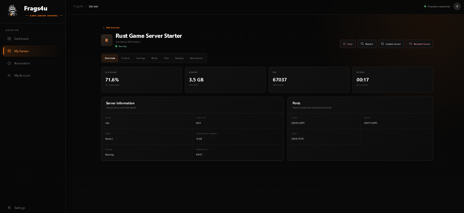 Frags4u game server control panel
